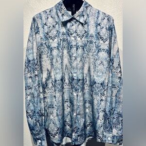 Vintage White & Blue Abstract Patterned Dress Shirt - Size L (Men’s)